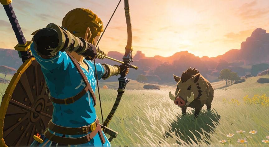 como encontrar jabalies en zelda breath of the wild, Personaje apuntando con arco a un jabalí en un campo al atardecer