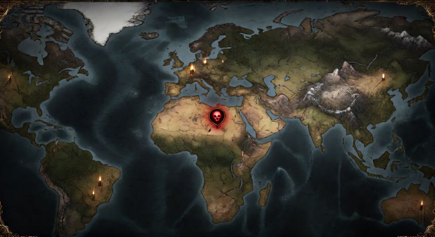 como encontrar jefe de mundo diablo 4, Mapa de Diablo 4 con la calavera roja del Jefe de Mundo marcada