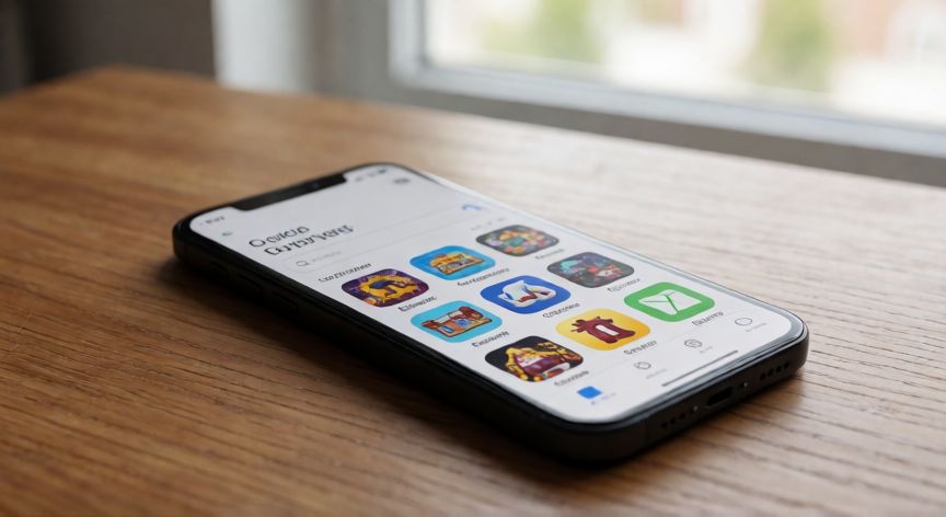 como encontrar juegos eliminados de play store, Teléfono mostrando una búsqueda de juegos en una tienda de aplicaciones