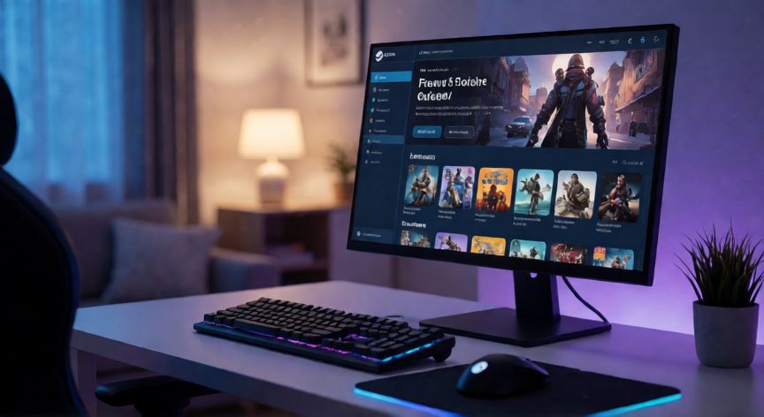 como encontrar juegos gratis en steam, Ordenador de sobremesa mostrando la tienda de juegos gratuitos en Steam