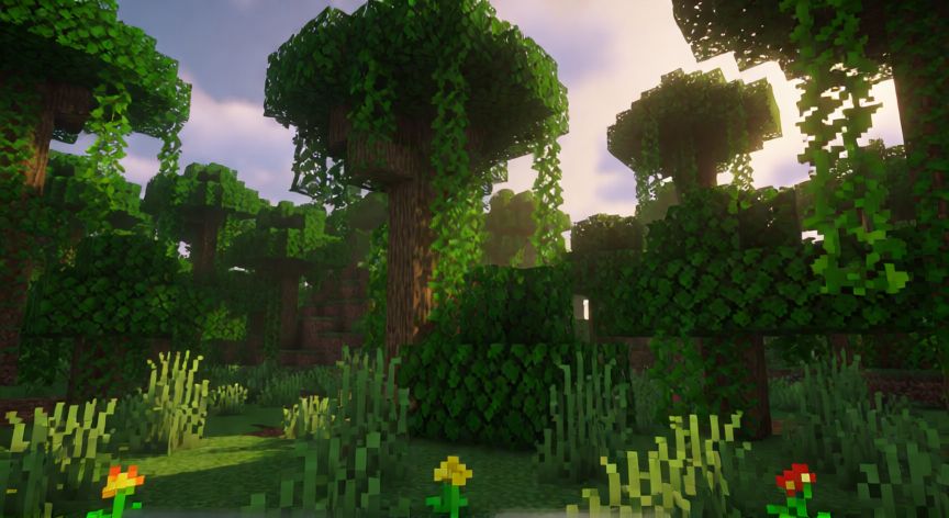 como encontrar jungla en minecraft, Jungla densa en Minecraft con árboles altos y enredaderas