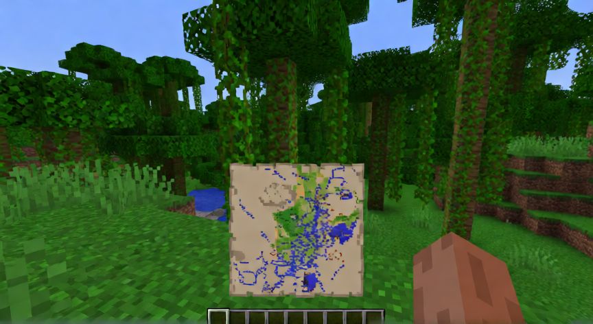 como encontrar jungla en minecraft, Jugador de Minecraft usando un mapa cerca de una jungla