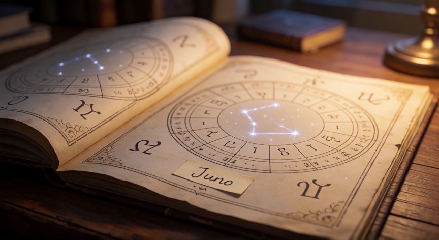como encontrar juno en la carta astral, Carta astral con el símbolo de Juno marcado sobre la mesa