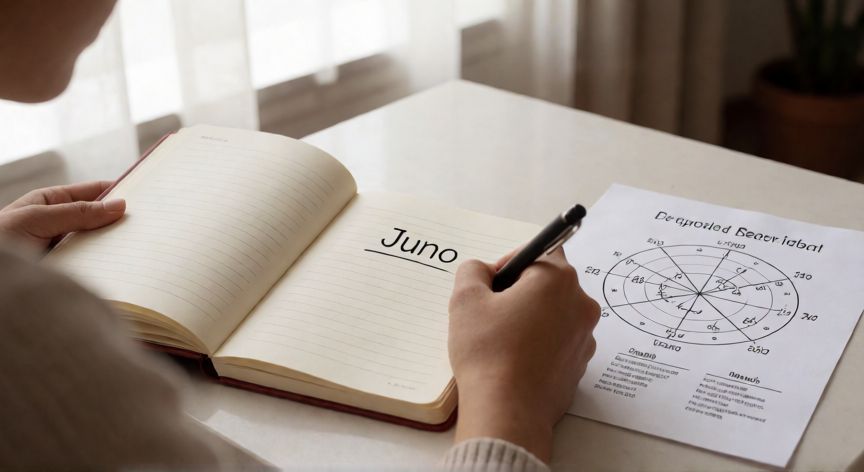 como encontrar juno en la carta astral, Persona tomando notas sobre la posición de Juno en la carta astral