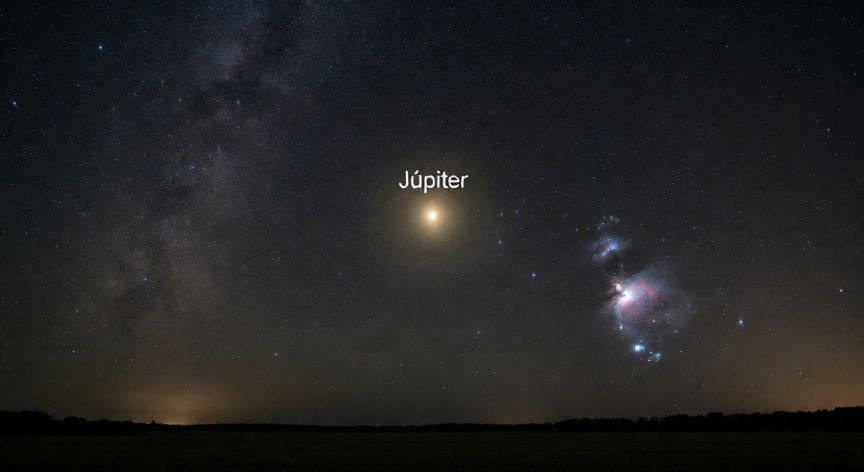 como encontrar jupiter en el cielo, Cielo nocturno con Júpiter visible como un punto brillante entre las estrellas