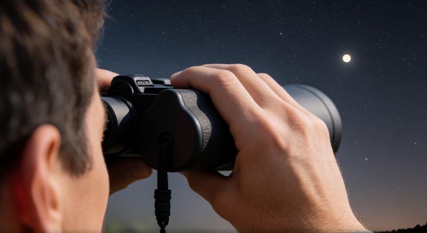 como encontrar jupiter en el cielo, Persona observando Júpiter con binoculares bajo un cielo estrellado