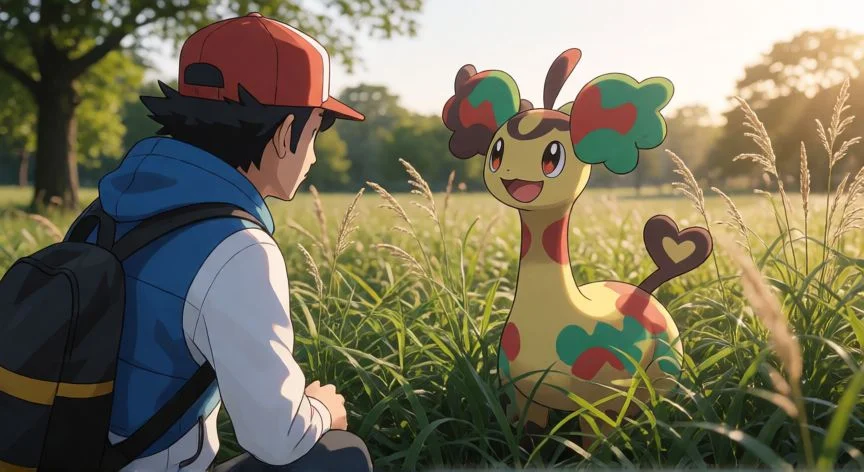 Entrenador buscando un Pokémon raro casi camuflado entre la hierba en un parque