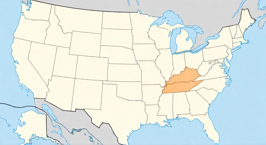 como encontrar kentucky en el mapa, Mapa de Estados Unidos con Kentucky resaltado y sus principales ríos y ciudades