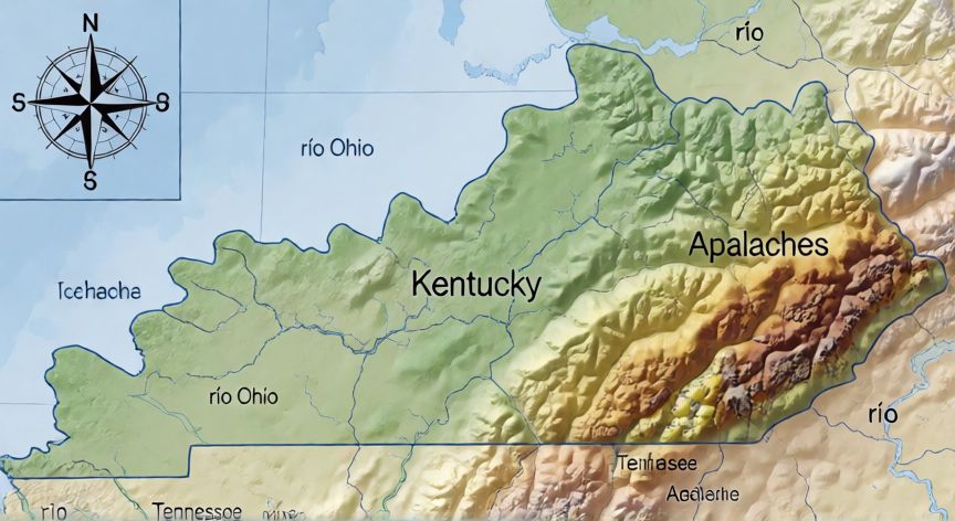 como encontrar kentucky en el mapa, Mapa de relieve de Kentucky mostrando llanuras, colinas y montañas