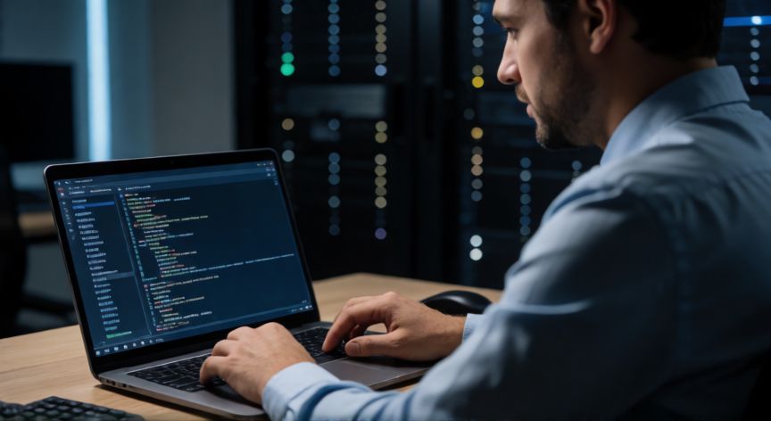 como encontrar keylogger oculto, Técnico analizando procesos y conexiones de red en un portátil para detectar keylogger oculto