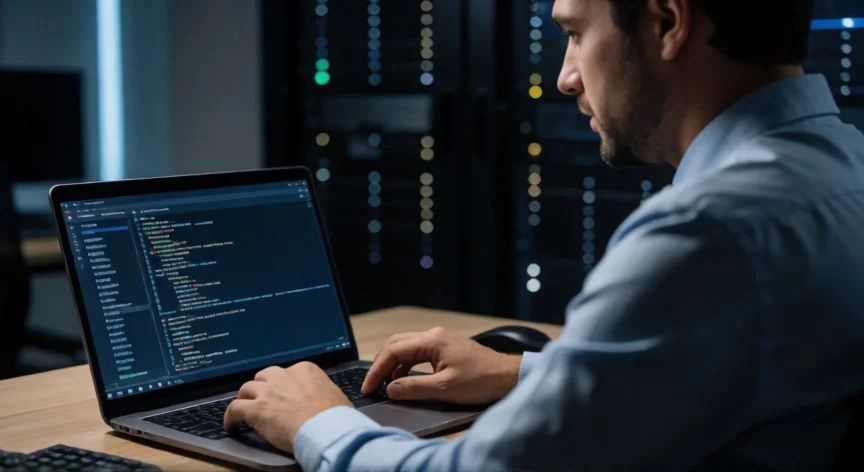 Técnico analizando procesos y conexiones de red en un portátil para detectar keylogger oculto