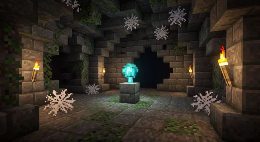 como encontrar keystone cobblemon, Cueva antigua con una Keystone brillante en un pedestal dentro de ruinas de estilo Minecraft.