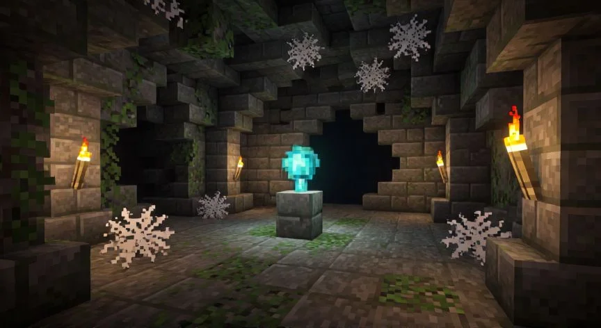 Cueva antigua con una Keystone brillante en un pedestal dentro de ruinas de estilo Minecraft.