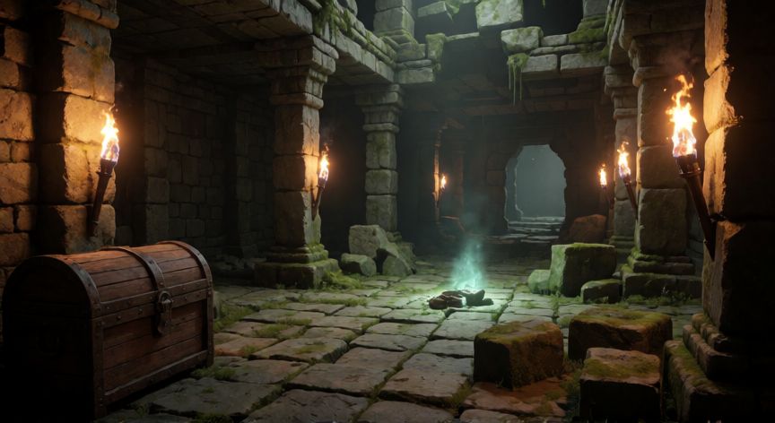 como encontrar keystone cobblemon, Templo abandonado con pasillos de piedra, cofre y un objeto brillante en el suelo.