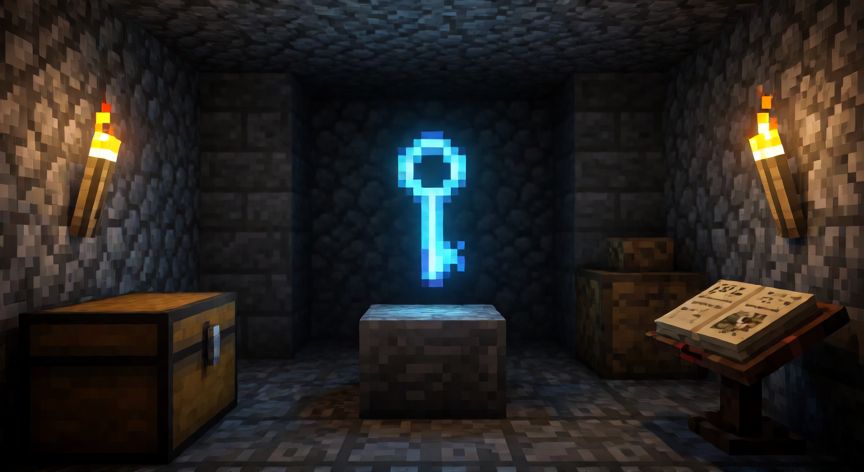 como encontrar keystone cobbleverse, Sala de piedra estilo Minecraft con un artefacto brillante flotando sobre un pedestal y cofres alrededor