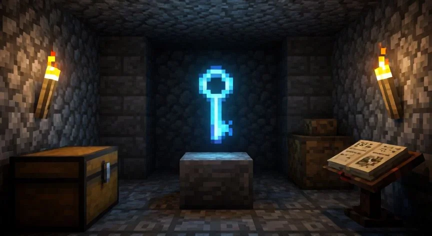 Sala de piedra estilo Minecraft con un artefacto brillante flotando sobre un pedestal y cofres alrededor