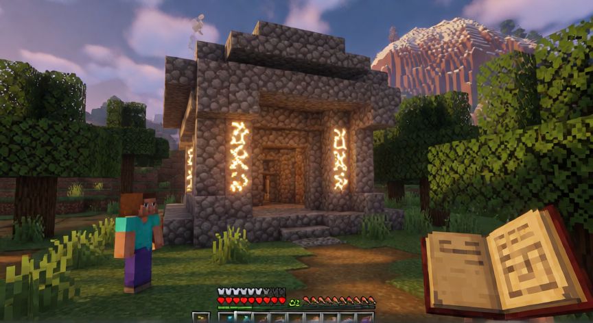 como encontrar keystone cobbleverse, Personaje explorando un templo de piedra con runas brillantes al atardecer