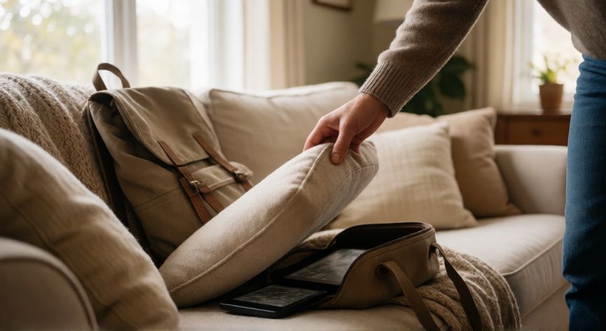 como encontrar kindle, Persona buscando un Kindle entre cojines, bolso y mochila en una sala de estar