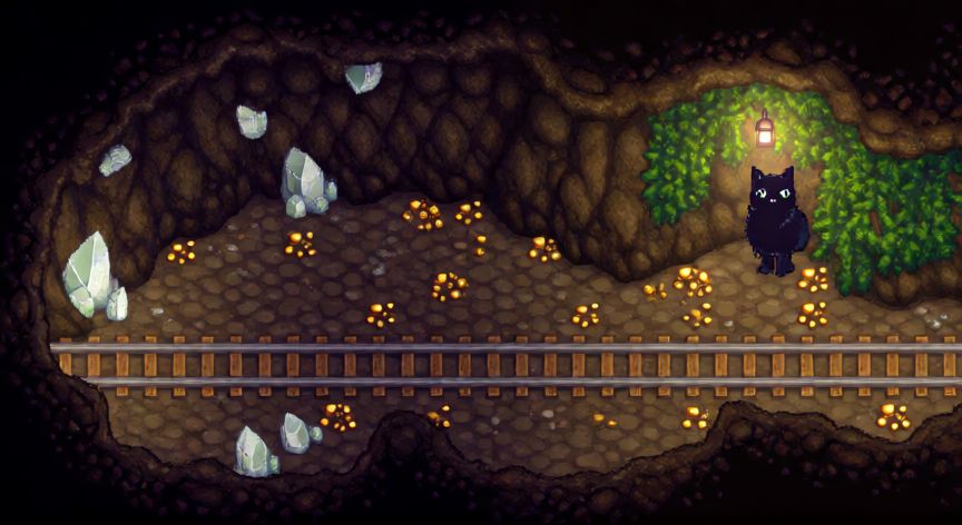 como encontrar krobus stardew valley, Caverna del Cráneo en Stardew Valley con Krobus entre rocas y cristales