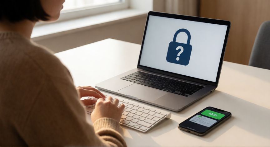 como encontrar la contraseña de gmail, Persona intentando recuperar su contraseña de Gmail en un portátil con el teléfono junto al teclado