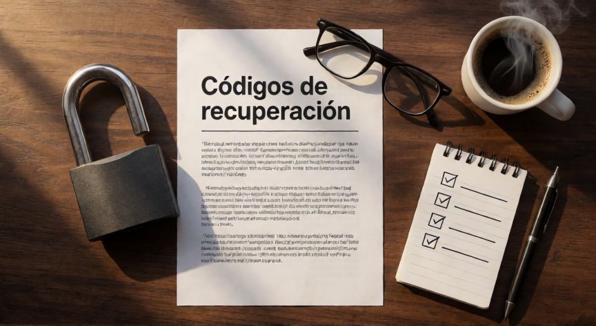 como encontrar la contraseña de gmail, Vista cenital de un escritorio con candado abierto, hoja de códigos de recuperación y lista de verificación de seguridad