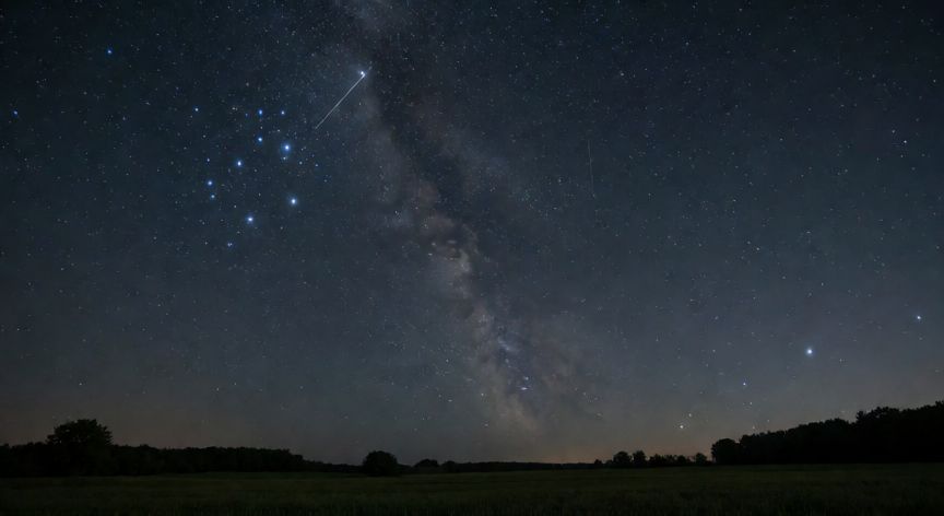 como encontrar la estrella polar, Cielo nocturno con la Osa Mayor y una línea imaginaria que apunta hacia la Estrella Polar