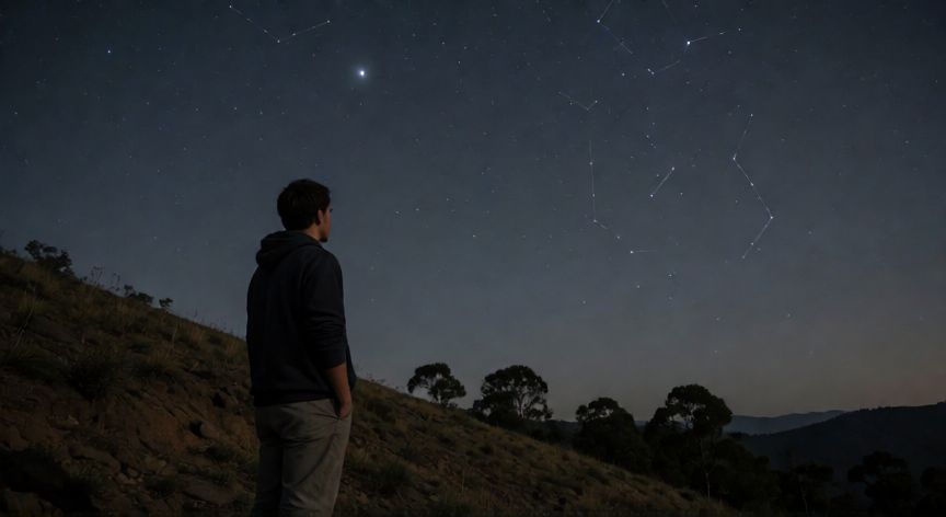 como encontrar la estrella polar, Persona observando la Estrella Polar en el horizonte norte durante la noche