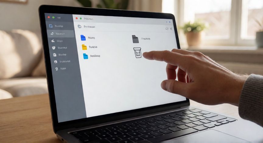 como encontrar la papelera de reciclaje, Laptop con el gestor de archivos abierto y la papelera visible