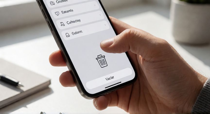 como encontrar la papelera de whatsapp, Persona pulsando en una opción de papelera en la pantalla del móvil