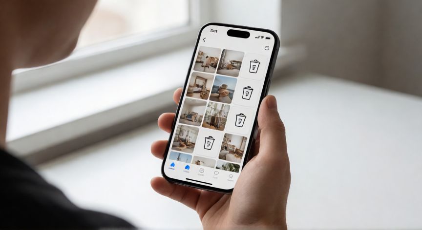 como encontrar la papelera en el movil, Persona buscando la papelera en la galería de fotos de un móvil