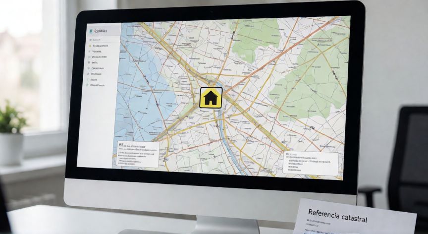 como encontrar la referencia catastral de un inmueble, Pantalla con mapa catastral y ficha de un inmueble para buscar la referencia catastral