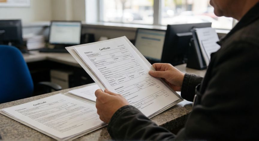 como encontrar la referencia catastral de un inmueble, Persona revisando documentación de un inmueble en una oficina pública para verificar la referencia catastral