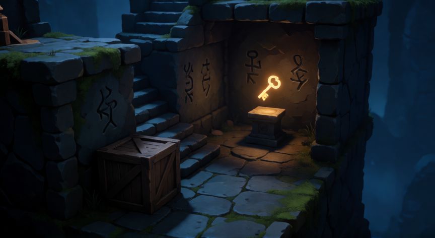 como encontrar las 10 llaves de level devil, Entorno del juego Level Devil mostrando un pasillo oscuro con una llave dorada brillante sobre un pedestal