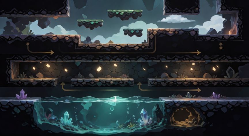 como encontrar las 10 llaves de level devil, Vista en corte del nivel de Level Devil mostrando las capas ocultas y las rutas hacia las llaves escondidas