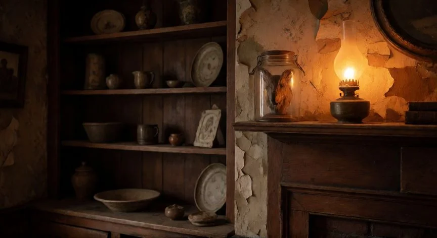 Habitación oscura de la mansión Baker con estantes y objetos decorativos en Resident Evil 7