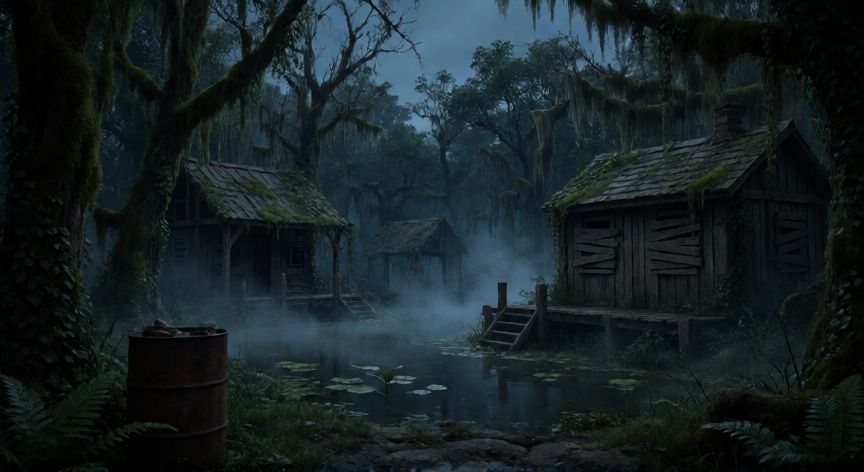 como encontrar las 3 cabezas de perro resident evil 7, Zona del pantano en Resident Evil 7 con estructuras de madera y niebla