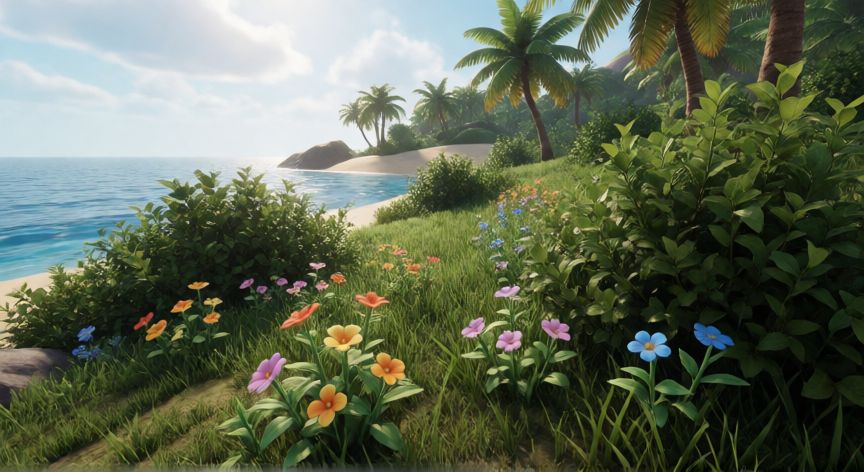 como encontrar las 3 flores blox fruits, Zona costera del First Sea en Blox Fruits con flores entre la vegetación