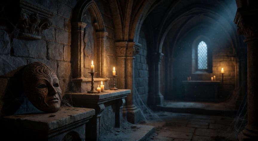 como encontrar las 4 mascaras resident evil 8, Máscara del Sacerdote sobre un pedestal en la cripta de la iglesia en Resident Evil Village