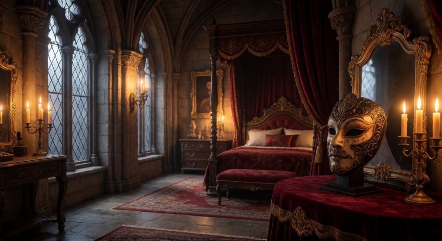 como encontrar las 4 mascaras resident evil 8, Habitación de Lady Dimitrescu en el castillo con la máscara sobre el tocador