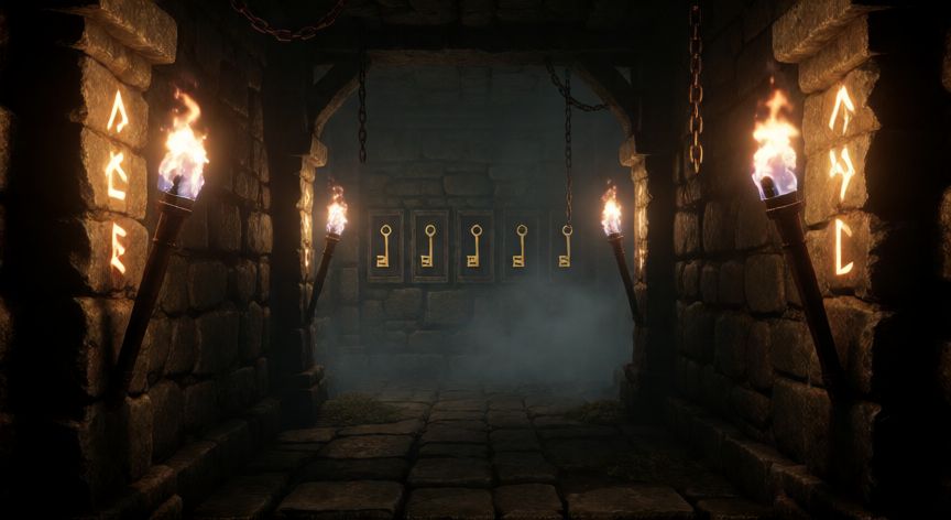 como encontrar las 5 llaves de level devil, Corredor oscuro con las cinco llaves doradas incrustadas en los muros de piedra del Level Devil
