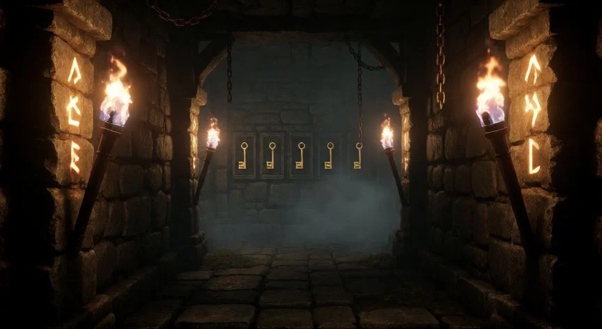 Corredor oscuro con las cinco llaves doradas incrustadas en los muros de piedra del Level Devil