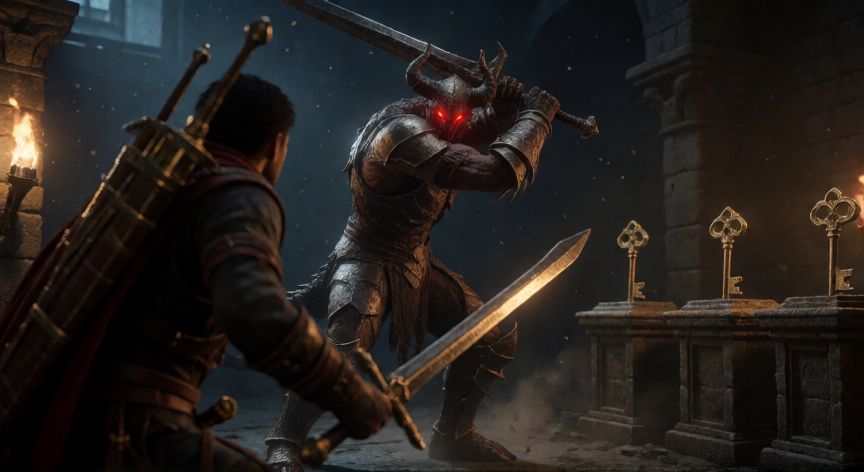 como encontrar las 5 llaves de level devil, Enemigo demoníaco con armadura en la sala de la tercera llave del Level Devil