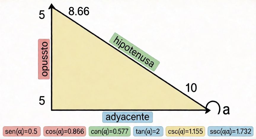 como encontrar las 6 funciones trigonometricas, Diagrama de triángulo rectángulo con las 6 funciones trigonométricas etiquetadas