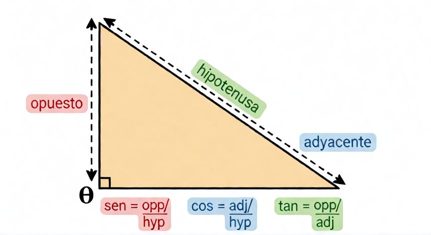 como encontrar las 6 razones trigonometricas, Triángulo rectángulo con lados etiquetados como opuesto, adyacente e hipotenusa junto a las fórmulas de seno, coseno y tangente