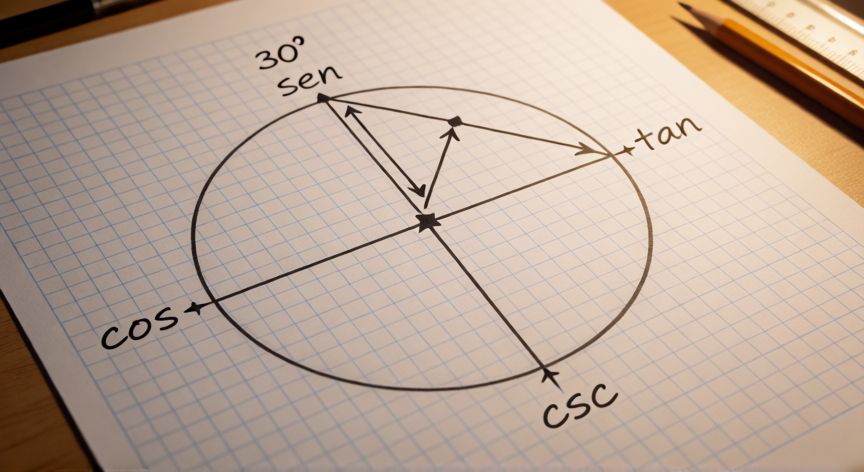 como encontrar las 6 razones trigonometricas, Círculo unitario con triángulo inscrito de 30 grados y las seis razones trigonométricas anotadas alrededor