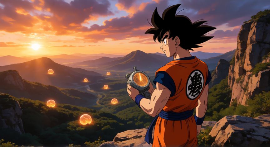 como encontrar las 7 esferas del dragon, Guerero con radar de esferas del dragón en una montaña buscando las 7 esferas brillantes en el horizonte