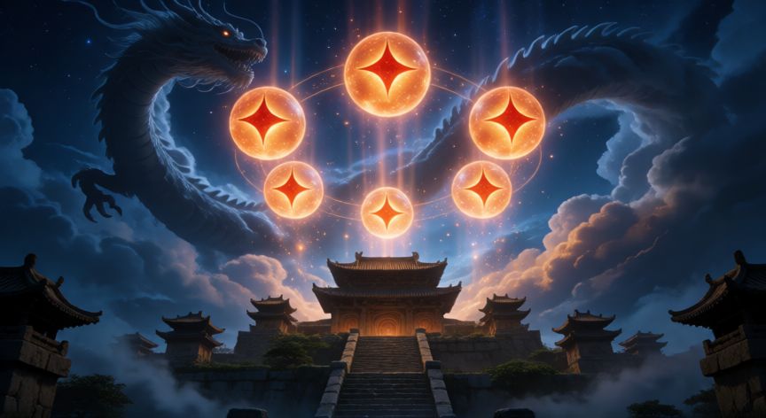 como encontrar las 7 esferas del dragon, Las 7 esferas del dragón brillando en formación sobre un templo antiguo invocando a Shenron