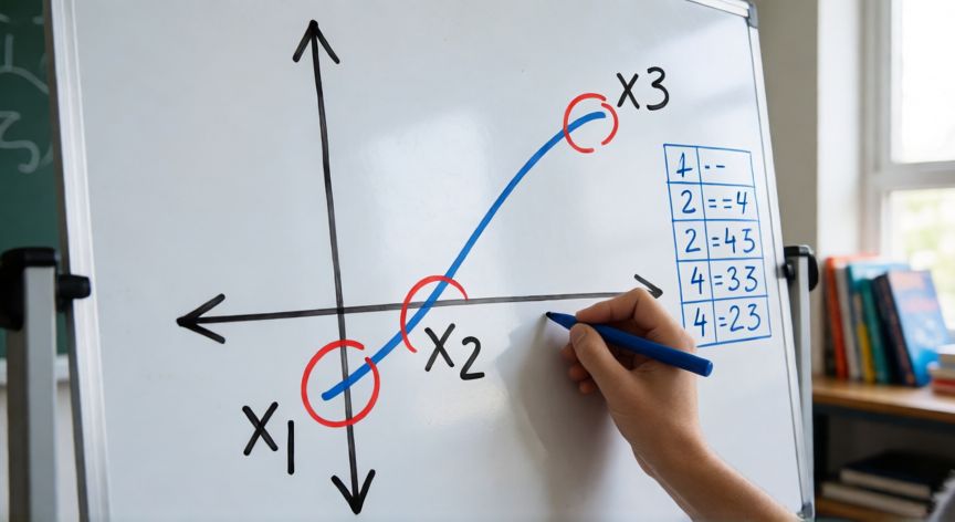 como encontrar los 0 de un polinomio, Pizarra con la gráfica de un polinomio cúbico mostrando sus tres ceros en el eje x
