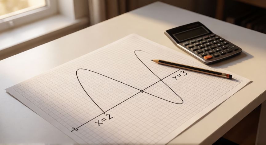 como encontrar los 0 de una funcion, Gráfica de una parábola cruzando el eje X en sus ceros x=2 y x=3