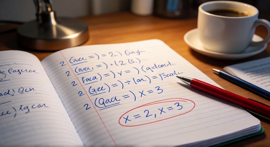 como encontrar los 0 de una funcion, Cuaderno con la factorización paso a paso de una ecuación cuadrática mostrando sus ceros